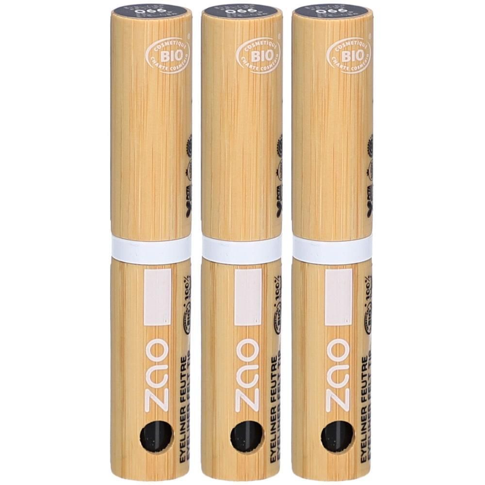 Trois eye-liners feutres. Corps en bois. Inscription: ZAO EYELINER FEUTRE. Certification BIO. Pointe noire.