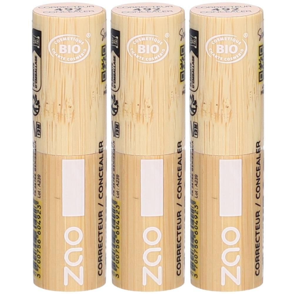 Trois bâtons. Inscription : ZAO CORRECTEUR / CONCEALER. Certification Bio. Teinte 492 BEIG CLAIR. Aspect bambou.