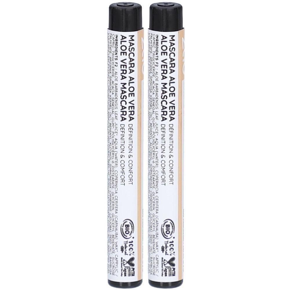 Deux tubes de mascara noirs. Inscription: MASCARA ALOE VERA DEFINITION & CONFORT. Certification bio et logo vegan.