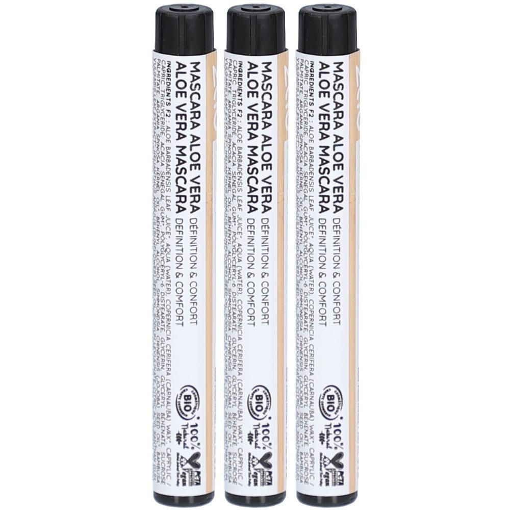 Trois tubes de mascara noir avec bouchons noirs. Inscription : MASCARA ALOE VERA DEFINITION & CONFORT. Avec label bio.