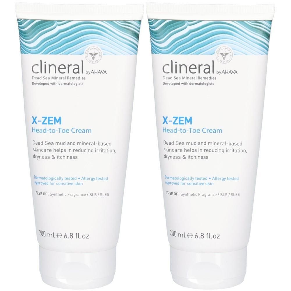 Deux tubes de crème. Inscription: clineral, X-ZEM Head-to-Toe Cream. Texte: Dead Sea mud and mineral-based skincare helps in reducing irritation, dryness & itchiness.