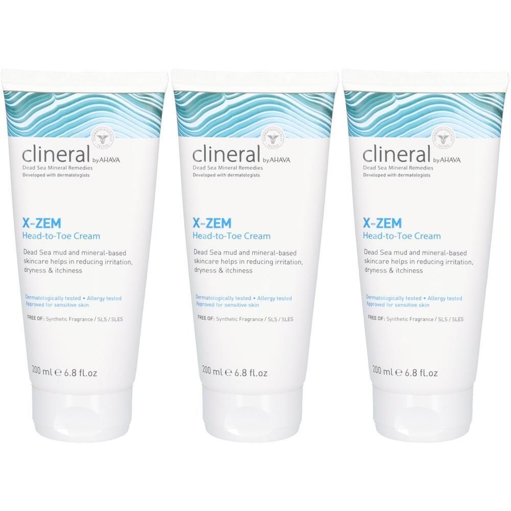 Trois tubes blancs avec des graphiques bleus et turquoise. Chaque tube porte l'inscription "clineral", "X-ZEM Head-to-Toe Cream" et du texte.