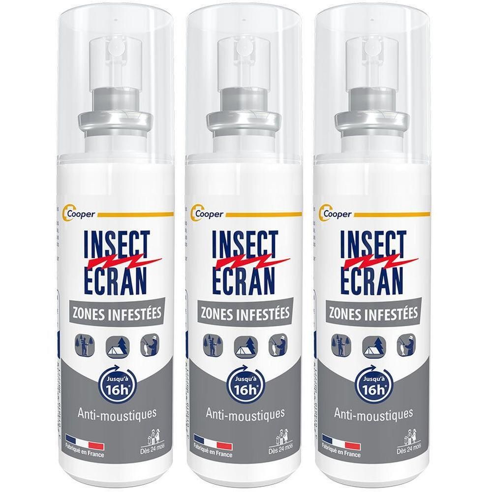 Trois flacons spray blancs avec capuchons transparents. Chaque flacon porte l'inscription "Insect Ecran Zones Infestées".