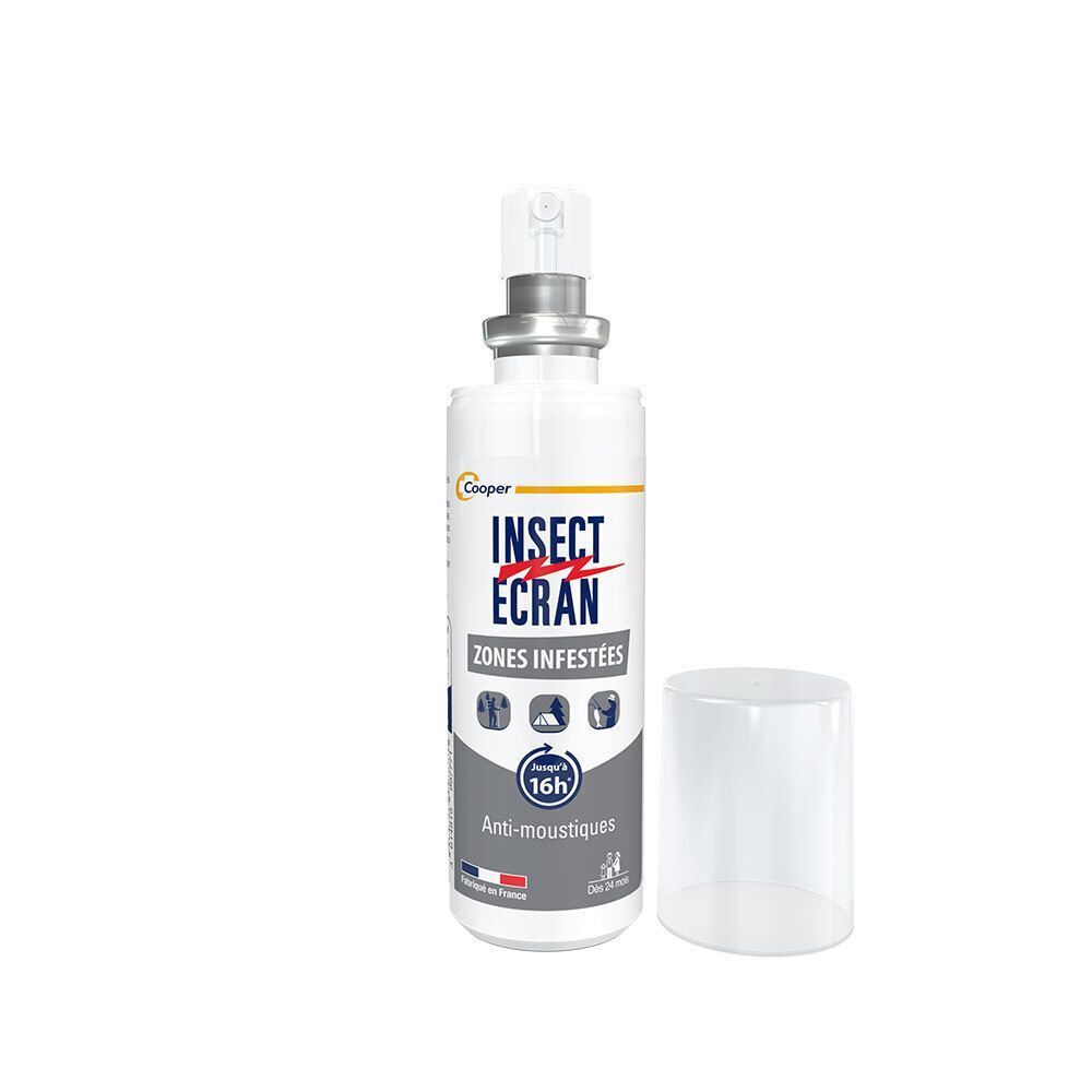 Flacon spray blanc avec bouchon transparent. Inscription "Insect Ecran Zones Infestées". Bouchon à côté.