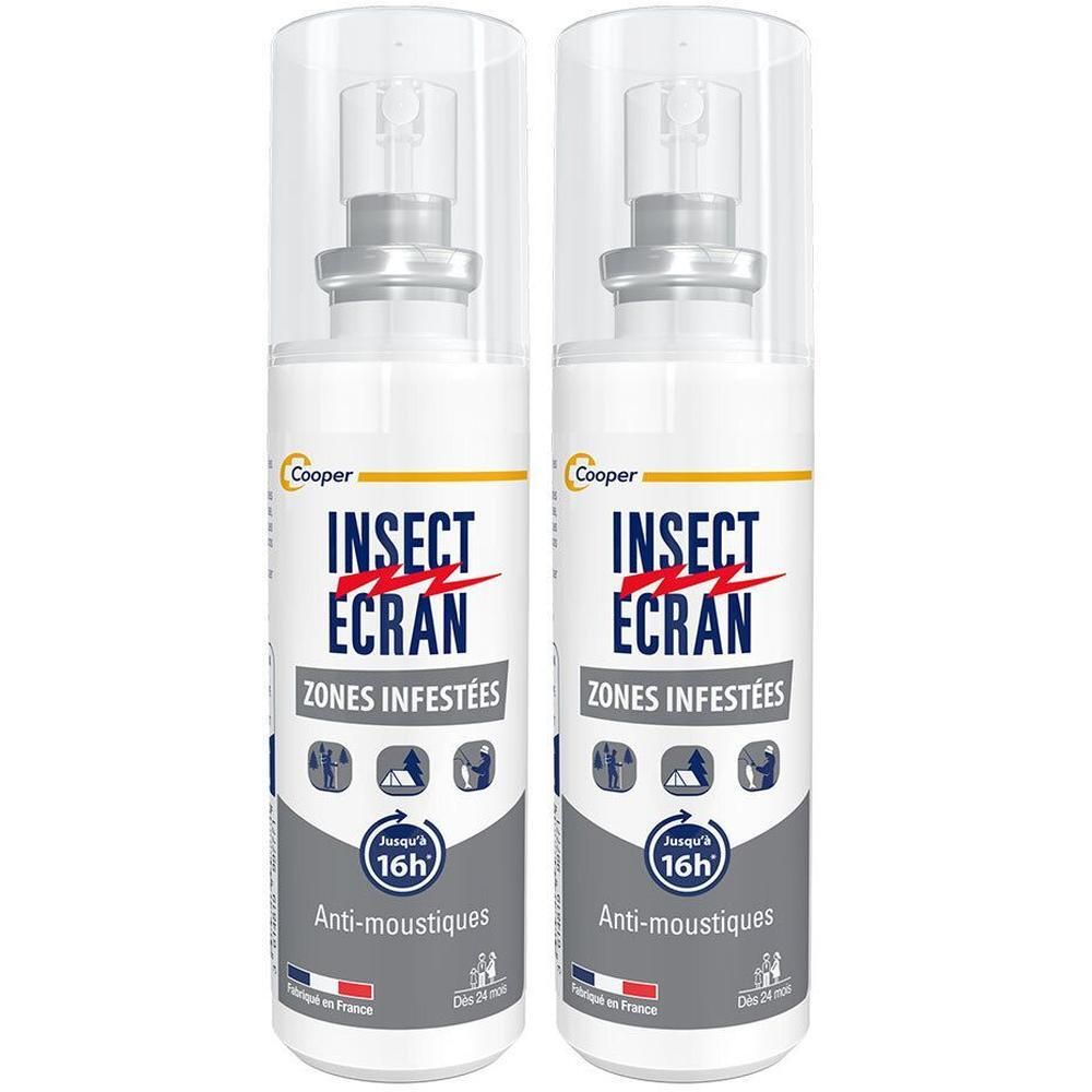 Deux flacons spray blancs avec capuchons transparents. Inscription: INSECT ECRAN ZONES INFESTÉES, Anti-moustiques. Logo Cooper.