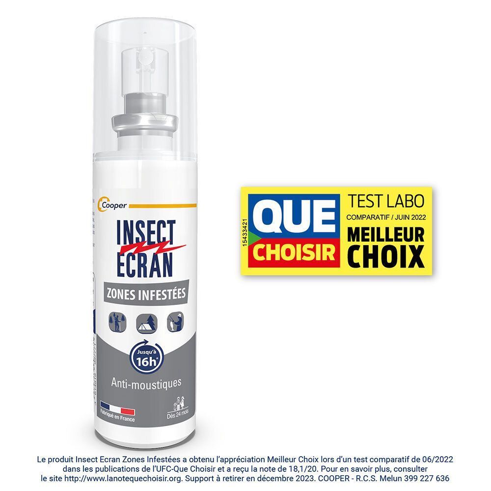 Flacon spray blanc avec capuchon transparent. Inscription: INSECT ECRAN ZONES INFESTÉES, Anti-moustiques. Logo Cooper. Label 'QUE CHOISIR'.