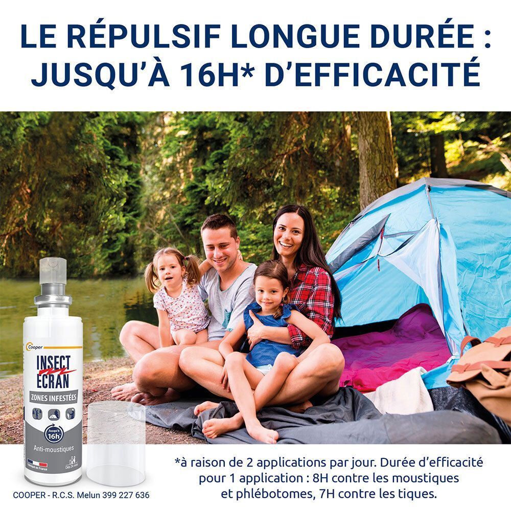 Produit à côté d'une famille près d'une tente. Inscription: INSECT ECRAN. Texte: LE RÉPULSIF LONGUE DURÉE: JUSQU'À 16H* D'EFFICACITÉ.