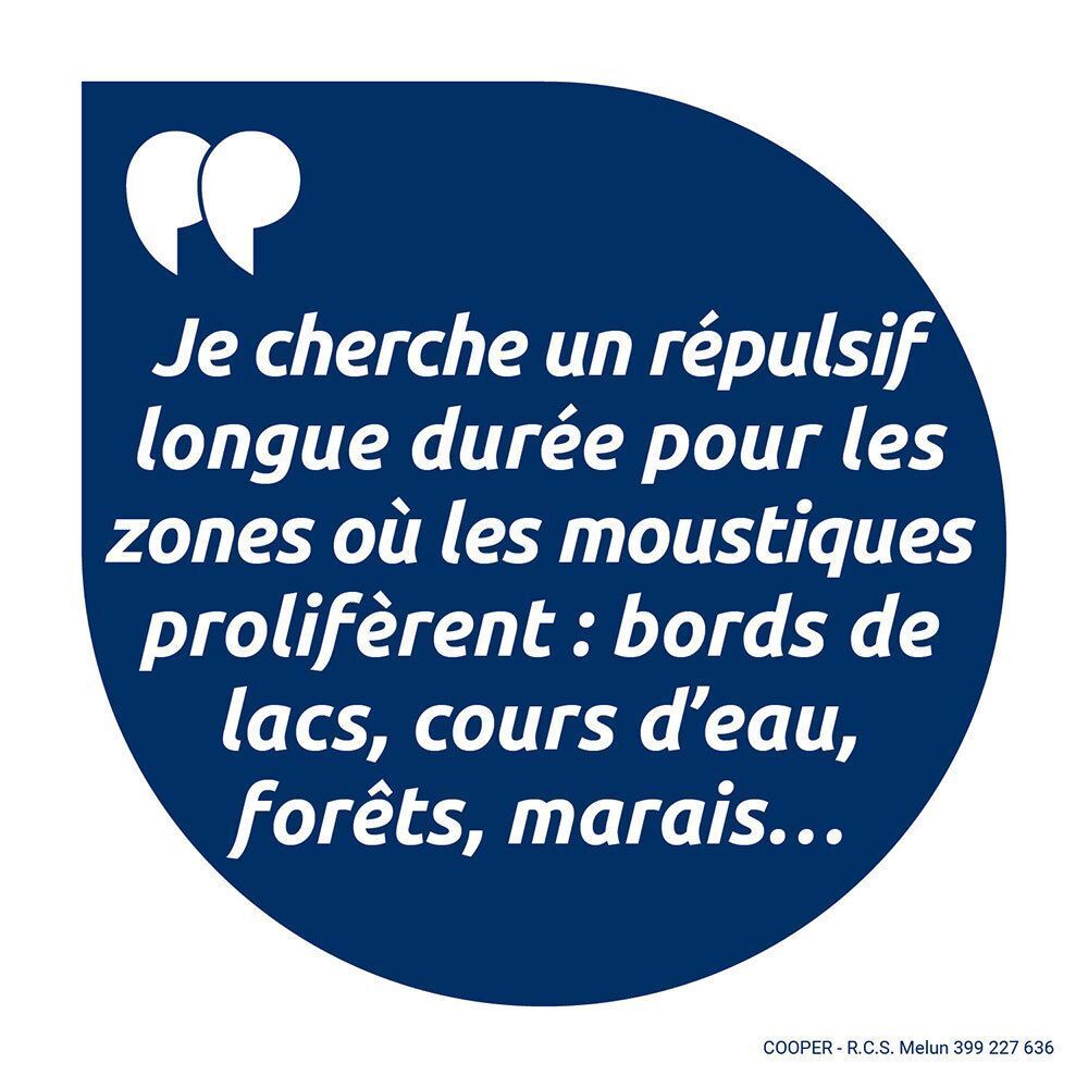 Fond bleu avec citation. Texte: Je cherche un répulsif longue durée pour les zones où les moustiques prolifèrent: bords de lacs, cours d'eau, forêts, marais...