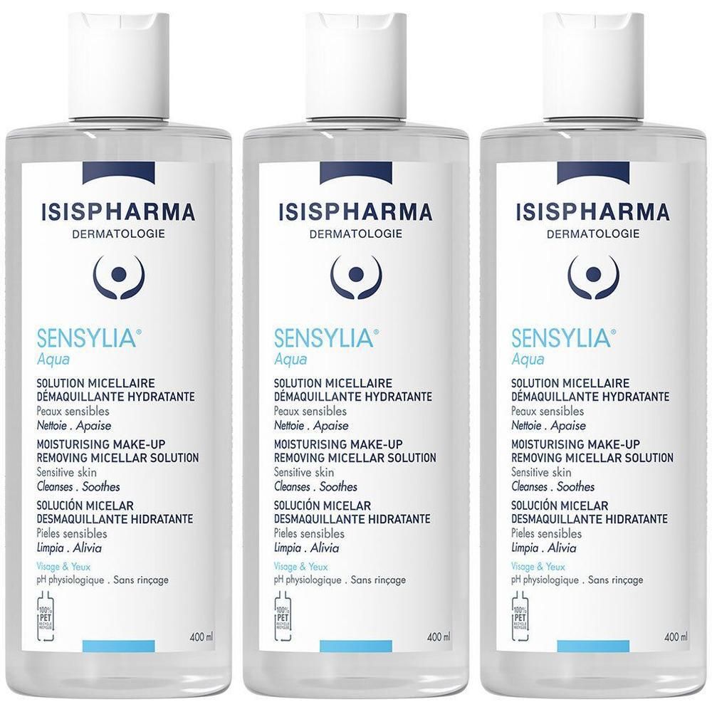 Trois flacons de solution micellaire SENSYLIA Aqua. Inscription: Demaquillante Hydratante. ISISPHARMA. Bouchons blancs.