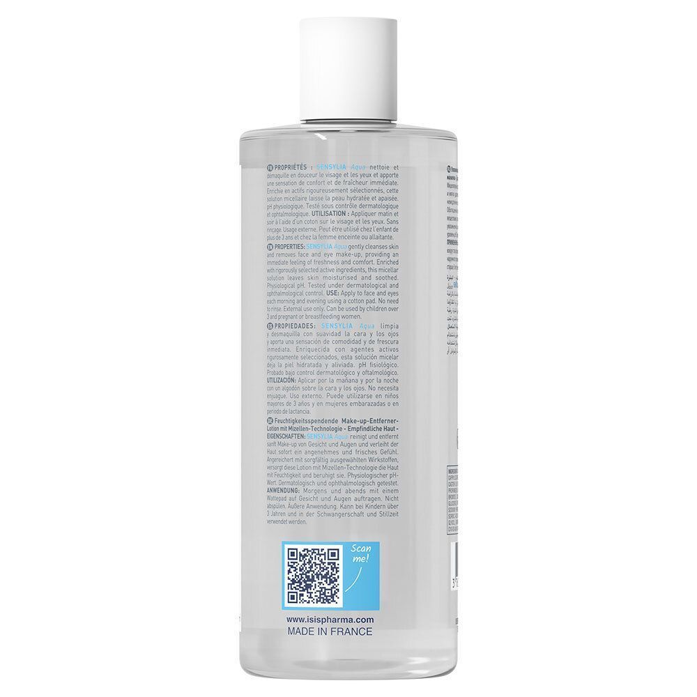 Dos d'un flacon SENSYLIA Aqua. Texte et code QR. Fabriqué en France. Bouchon blanc.