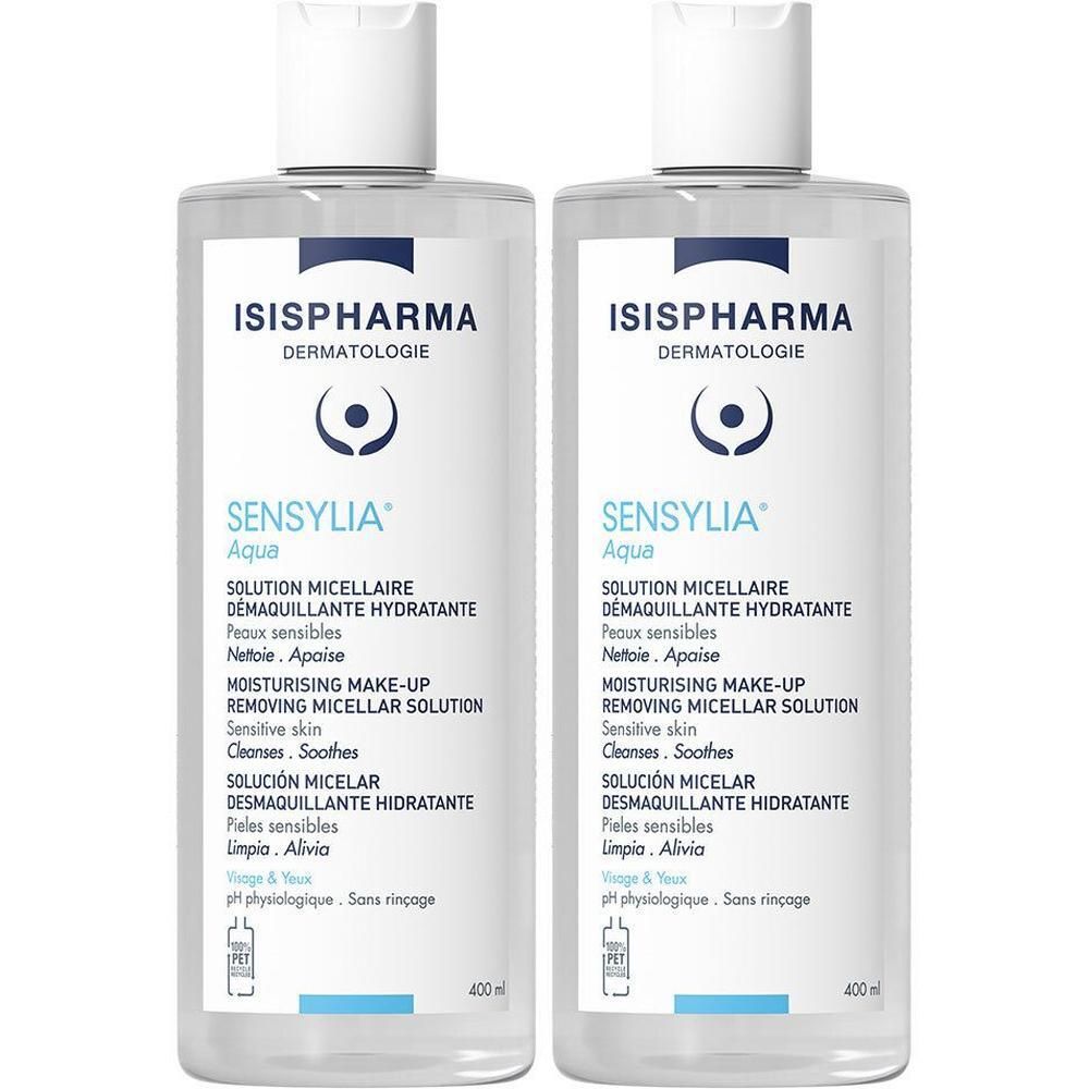 Deux flacons de SENSYLIA AQUA. Liquide clair, bouchon blanc. Inscription: ISISPHARMA, solution micellaire, 400ml.