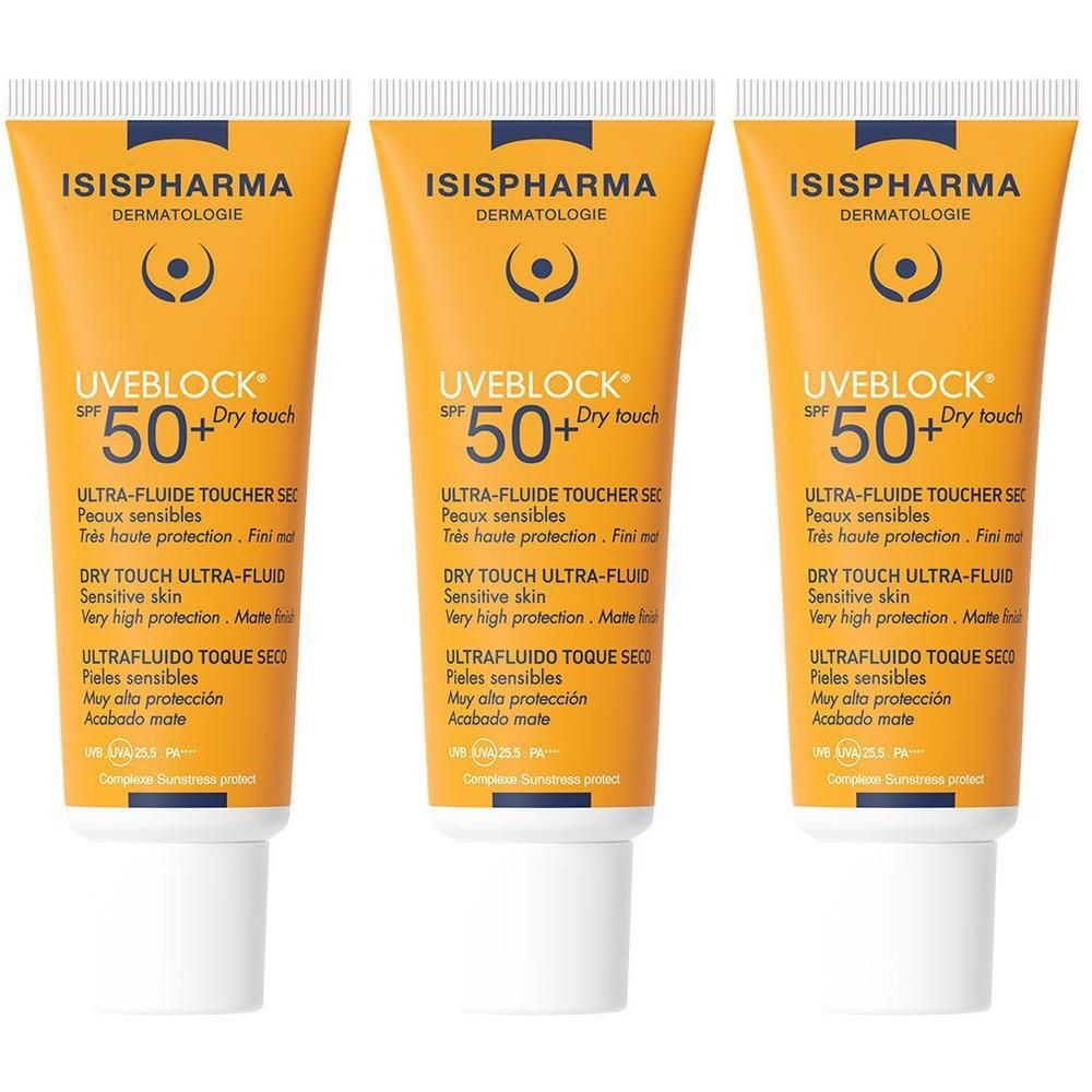 Trois tubes UVEBLOCK SPF50+ jaunes. Inscription: ISISPHARMA, UVEBLOCK 50+, Dry touch. Bouchon blanc.