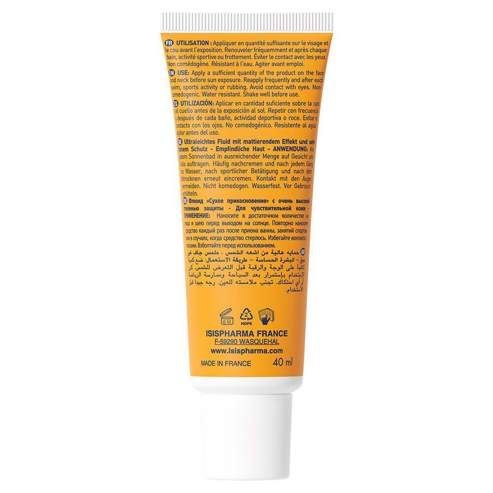 Dos d'un tube jaune UVEBLOCK SPF50+. Texte multilingue. Inscription: ISISPHARMA, 40 ml. Bouchon blanc.