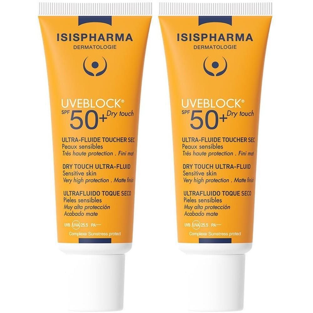 Deux tubes UVEBLOCK SPF50+ Dry Touch. Tubes orange avec bouchon blanc. Texte: ISIPHARMA, UVEBLOCK, SPF 50+.