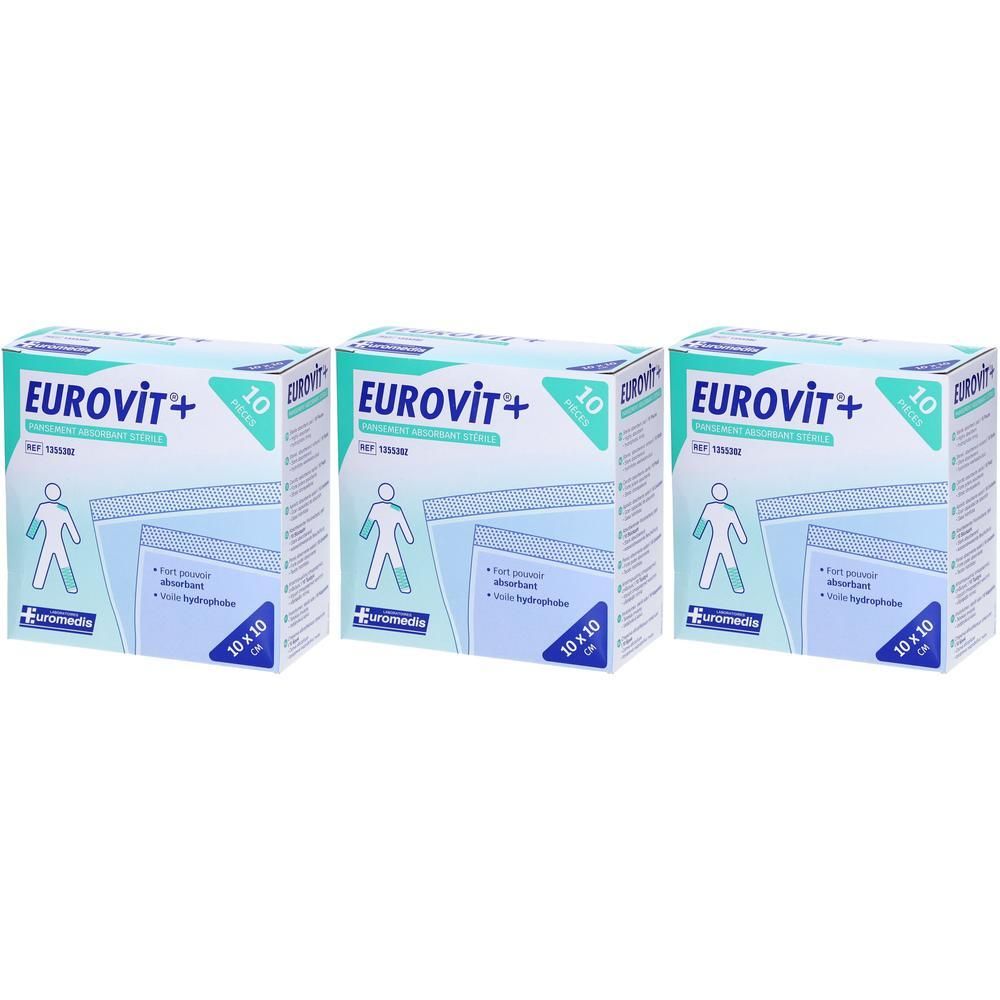 Trois boîtes de pansements EUROVIT+. Chaque boîte contient 10 pansements stériles, non adhérents et absorbants (10x10 cm).