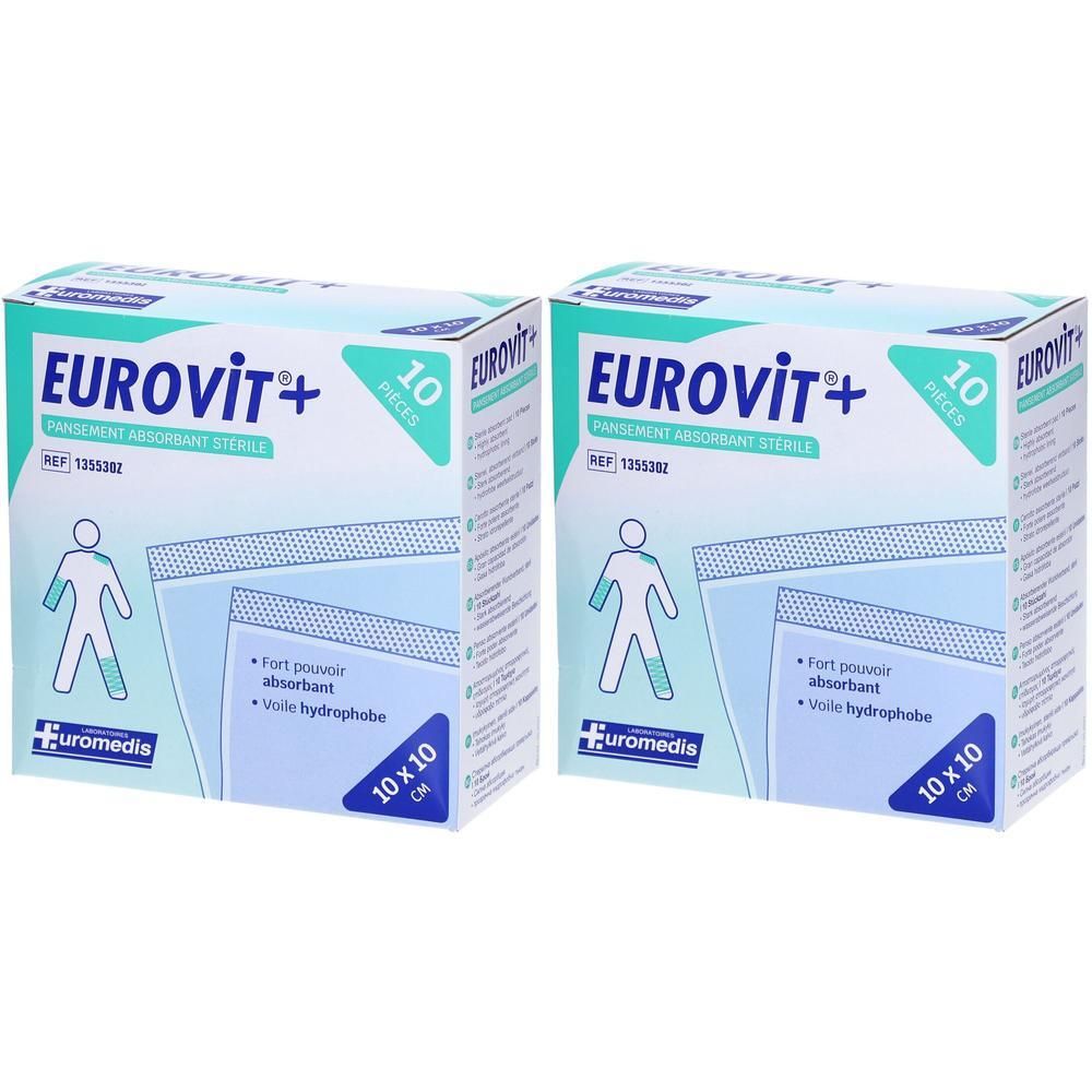 Deux boîtes de pansements stériles non adhérents EUROVIT+, 10x10 cm.