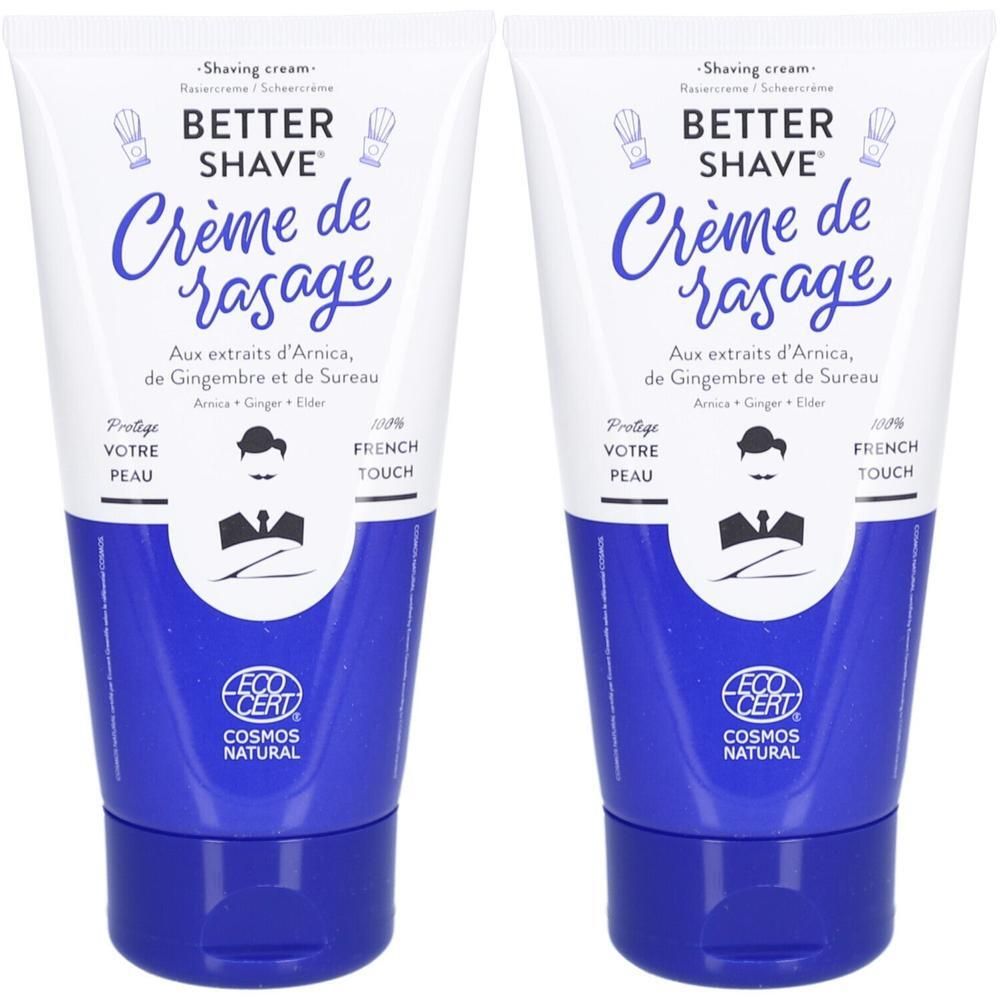 Deux tubes de crème à raser. Emballage blanc et bleu avec nom et logo du produit. Certification ECOCERT.
