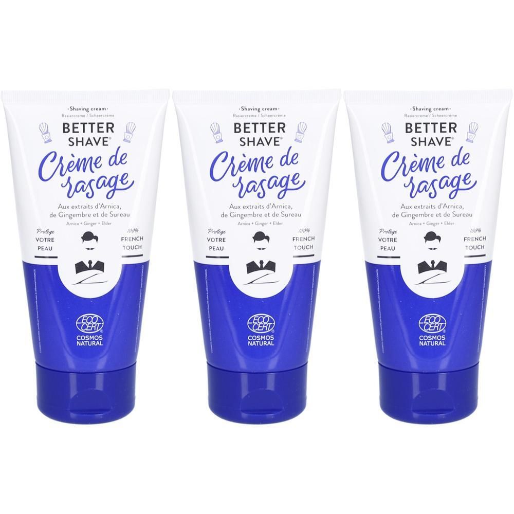 Trois tubes de crème à raser, éléments bleus et blancs. Inscription: BETTER SHAVE Crème de rasage. Certification COSMOS NATURAL.