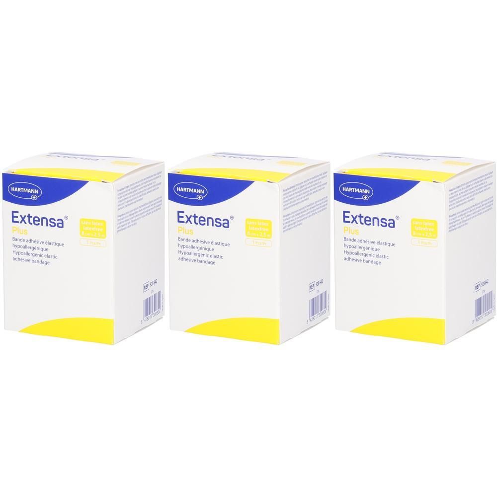 Trois boîtes EXTENSA PLUS. Blanches, avec inscriptions bleues et jaunes. Inscription : Bande de contention adhésive élastique.
