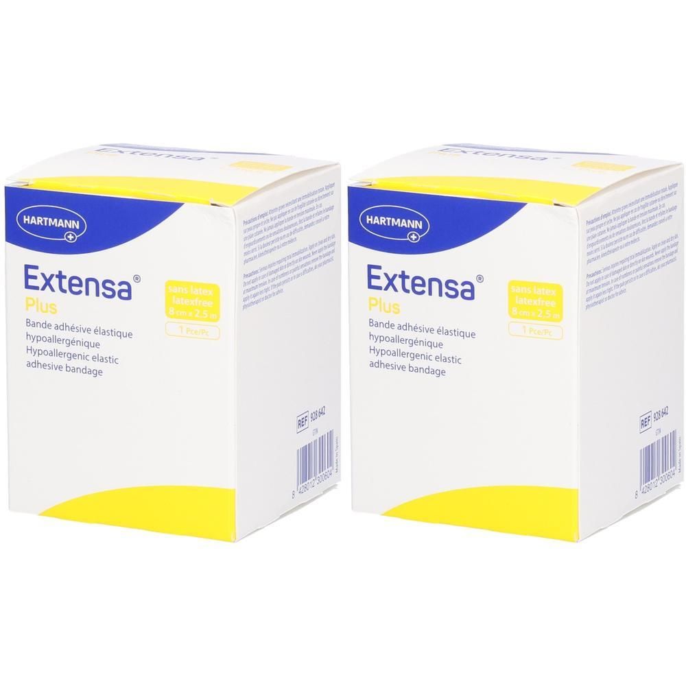 Deux boîtes carrées. Inscription : Extensa Plus, bandage adhésif élastique hypoallergénique. Marque Hartmann. Éléments jaunes et bleus.