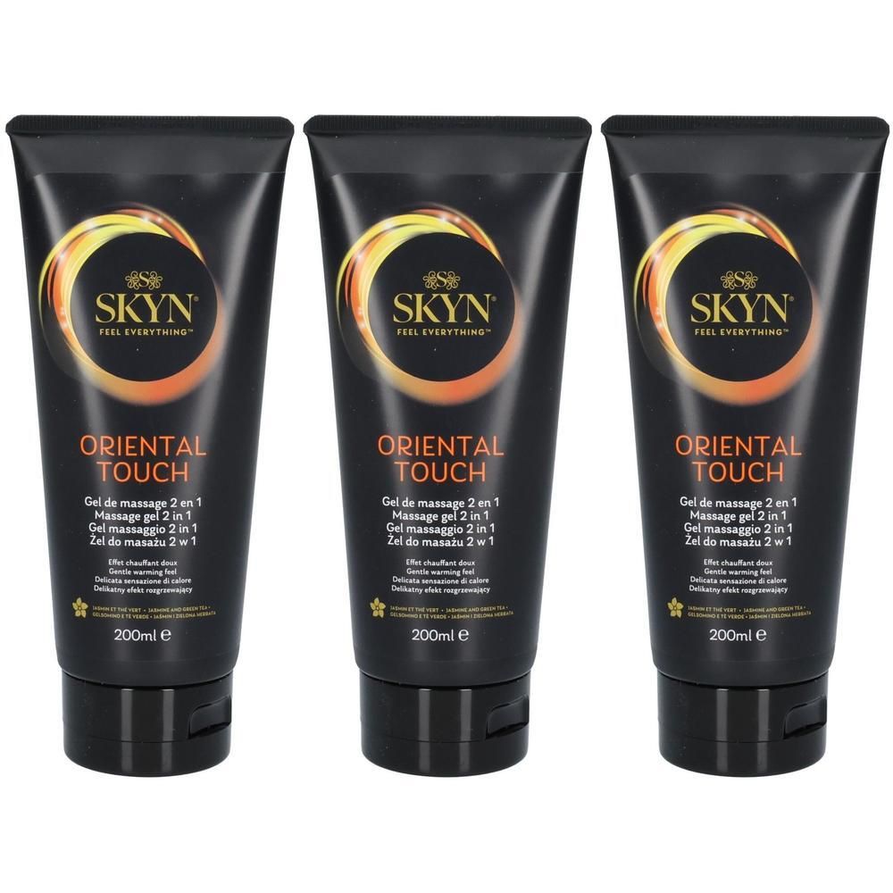 Trois tubes noirs avec impression. Chaque tube affiche SKYN, ORIENTAL TOUCH et Gel de massage 2 en 1. En bas, 200ml.