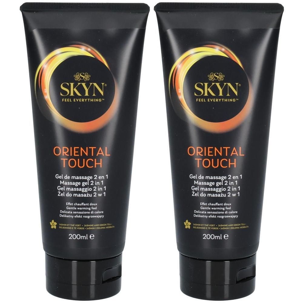 Deux tubes noirs de gel SKYN ORIENTAL TOUCH. Texte: Gel de massage 2 en 1, 200ml. Logo: SKYN FEEL EVERYTHING.