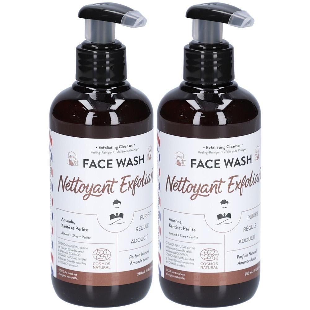 Deux flacons bruns avec pompes noires. Étiquettes : "FACE WASH Nettoyant Exfoliant". Logo "COSMOS NATURAL".