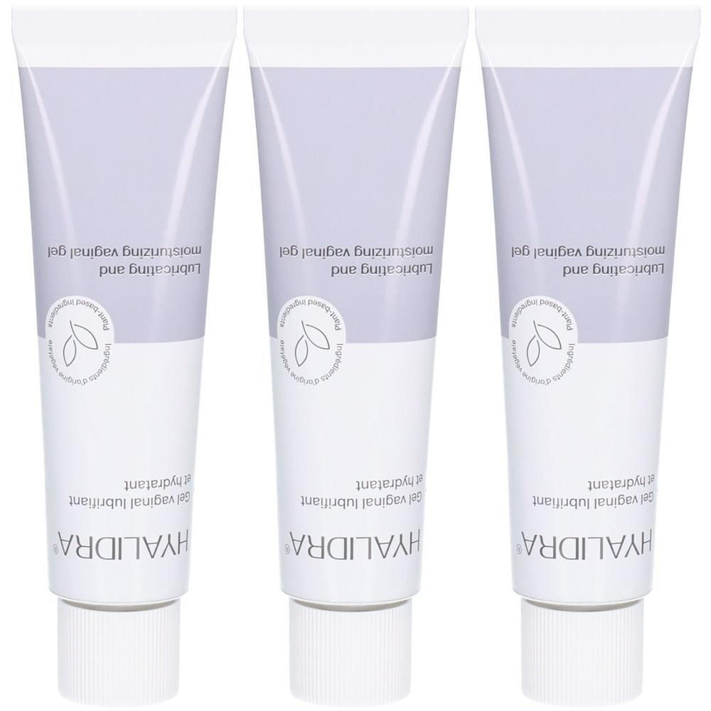 Trois tubes de Gel Hyalidra : lubrifiant et hydratant vaginal.