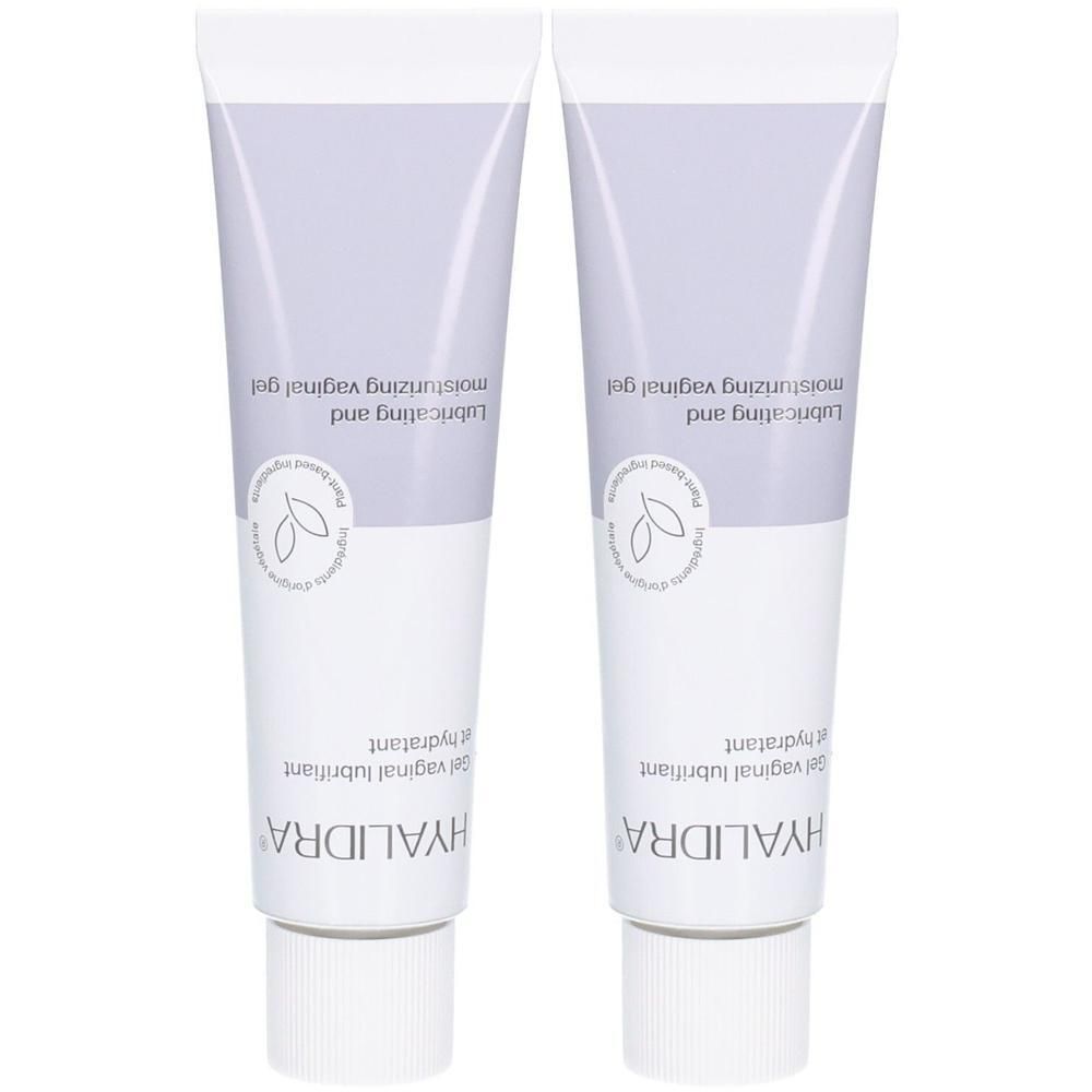Deux tubes de gel Hyalidra, un gel vaginal lubrifiant et hydratant.
