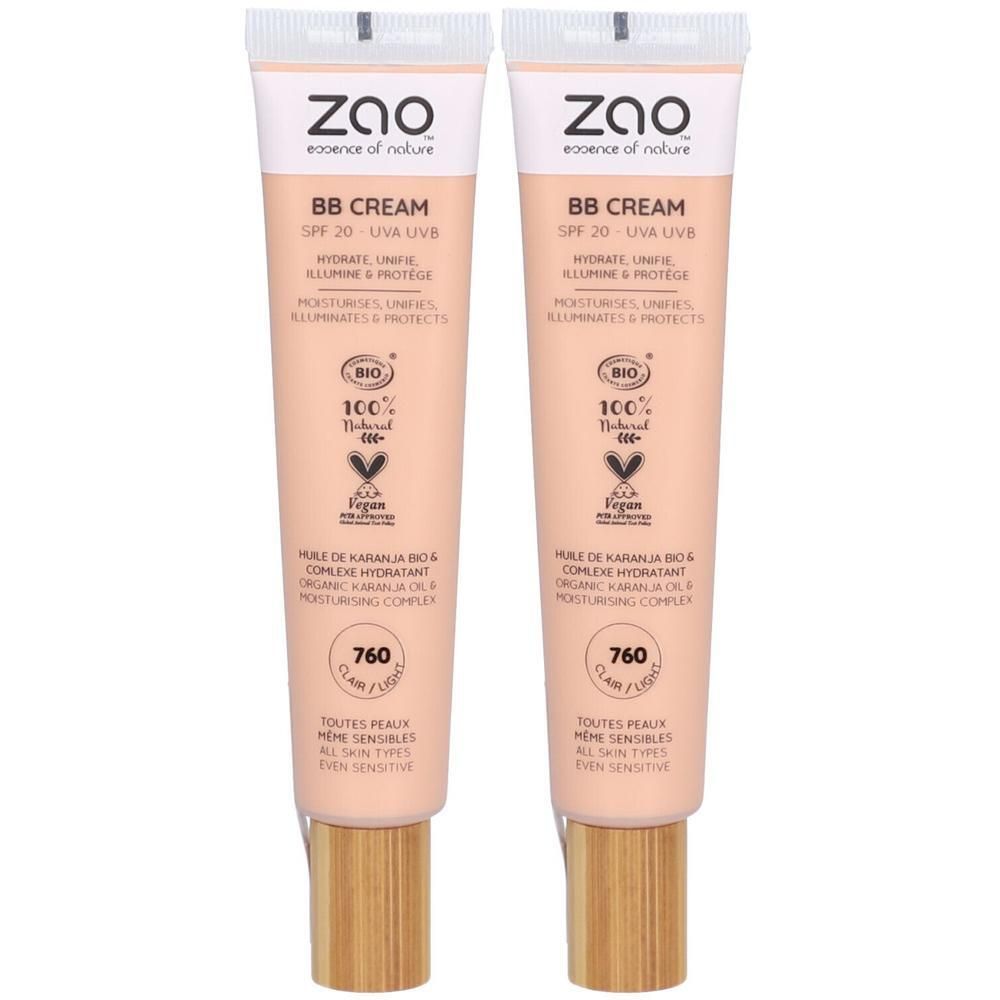 Deux tubes de BB Cream. Inscription : Zao, BB Cream, SPF 20, Bio, Vegan. Teinte : Clair/Light. Pour peaux sensibles.