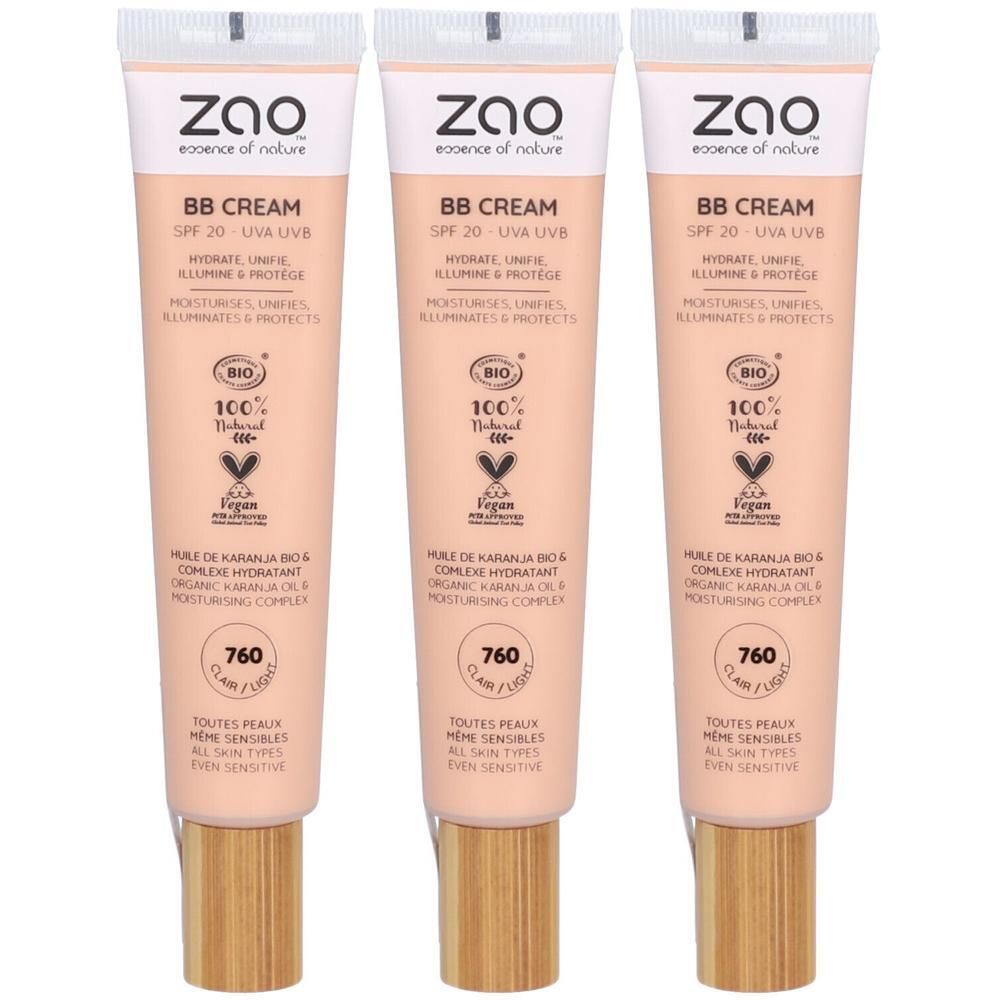 Trois tubes de BB Cream ZAO. Inscription: BB Cream SPF 20, BIO, Vegan. Teinte 760 Clair/Light. Bouchon en bois.