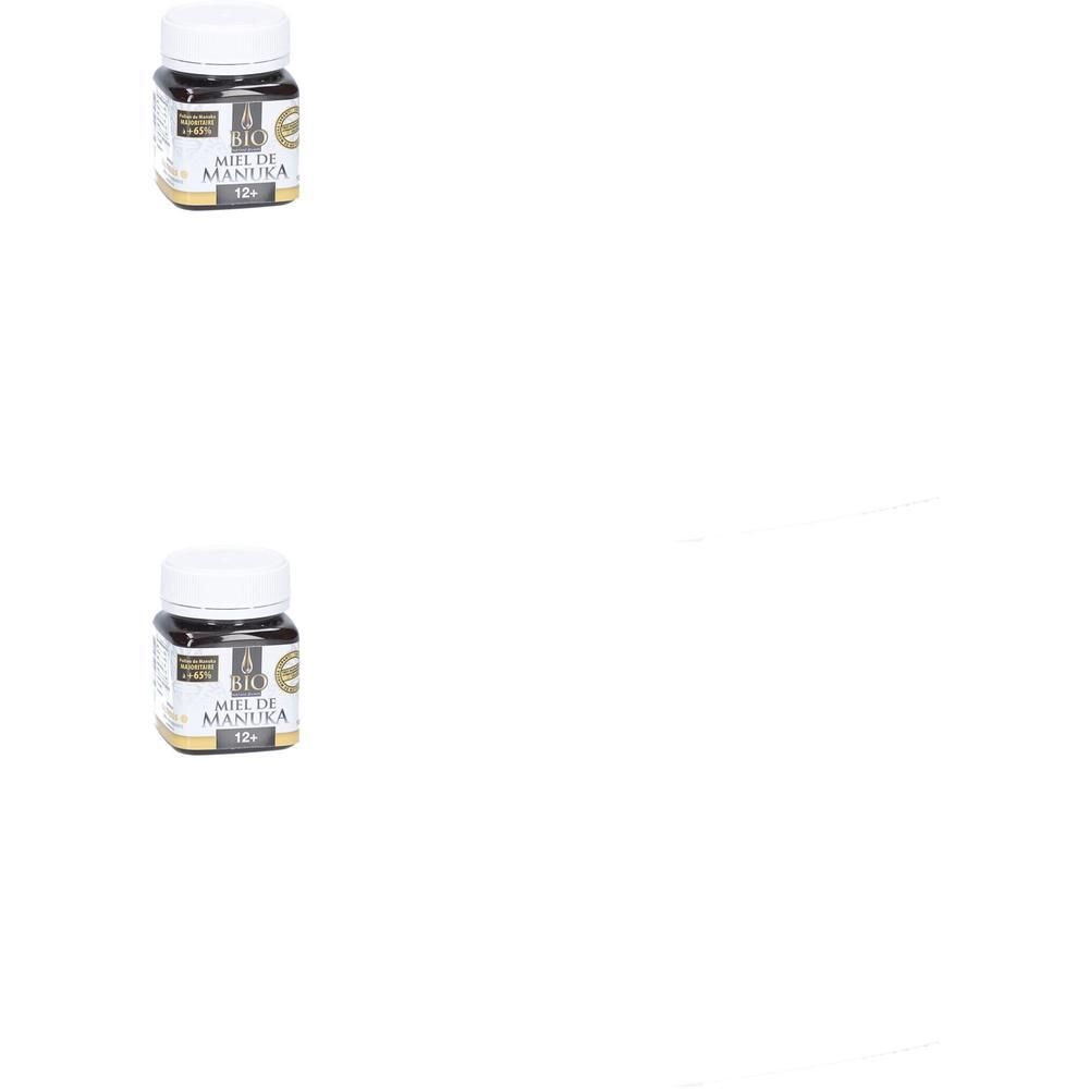 Bocal de miel de Manuka, couvercle blanc, étiquette avec 'Miel de Manuka Bio' et '12+'