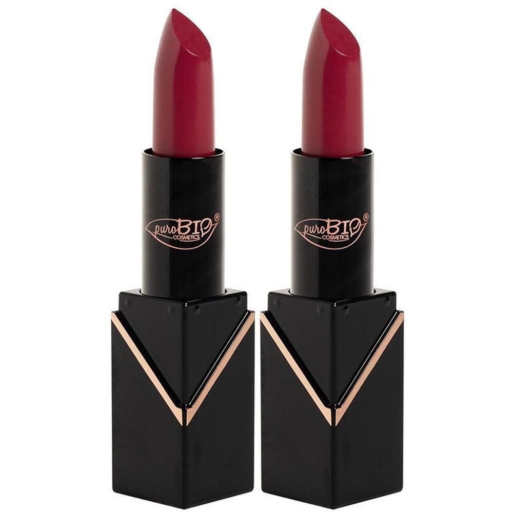 Deux rouges à lèvres avec étui noir et accent rose. "puroBIO cosmetics" est inscrit sur l'étui.