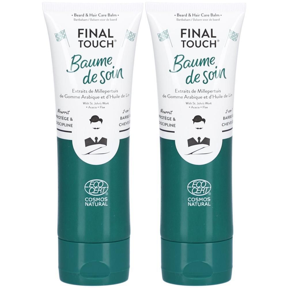 Deux tubes de soin pour barbe et cheveux. Fond vert, haut blanc. Inscription: FINAL TOUCH Baume de soin. Certifié EcoCert Cosmos Natural.