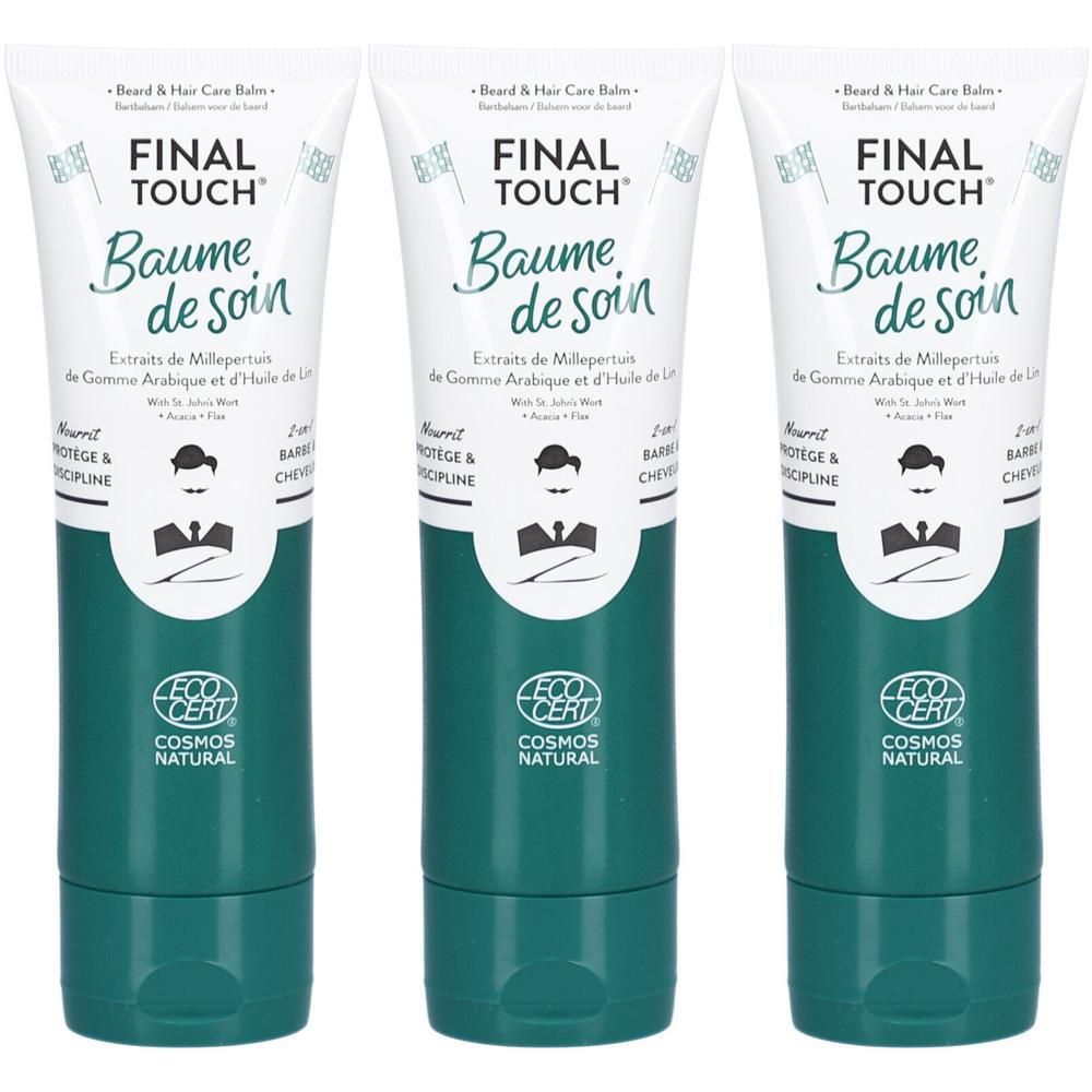 Trois tubes blancs et verts. On lit "FINAL TOUCH Baume de soin". Le produit porte le label EcoCert. Contient des extraits de plantes.