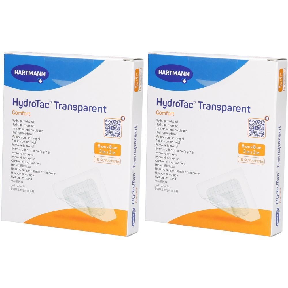 Deux boîtes de HydroTac Transparent Comfort. Inscription : HARTMANN, HydroTac Transparent, 8 cm x 8 cm, 10 pièces.