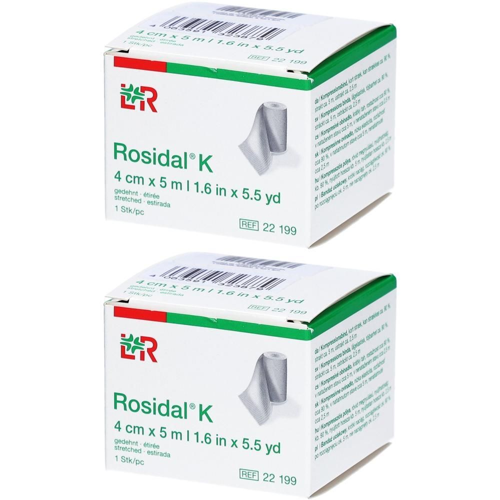 Deux boîtes de bandages compressifs Rosidal K, 4 cm x 5 m. Chaque boîte contient un bandage.