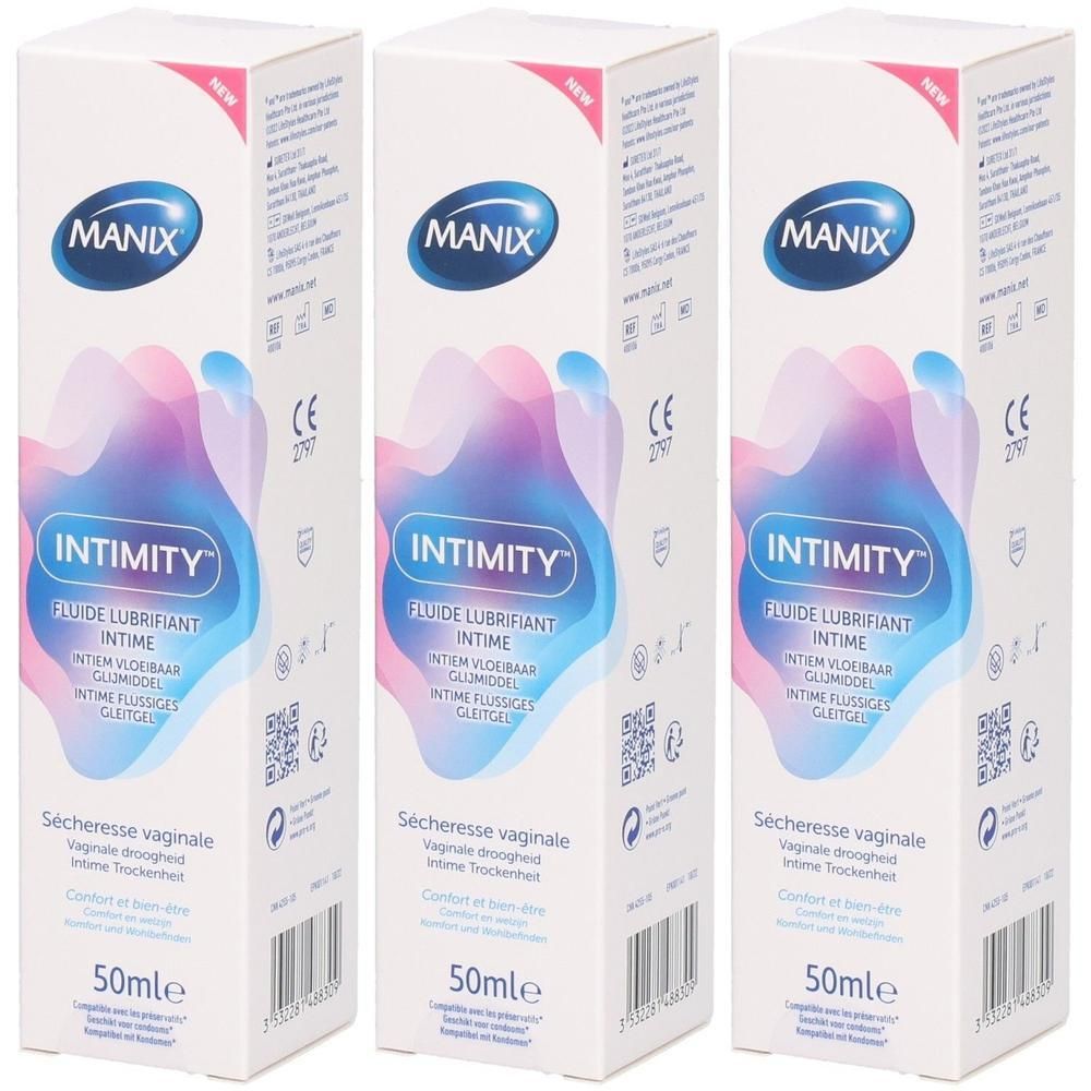 Trois boîtes de lubrifiant intime MANIX INTIMITY. Inscription: Fluide lubrifiant intime, 50ml. Marquage CE.