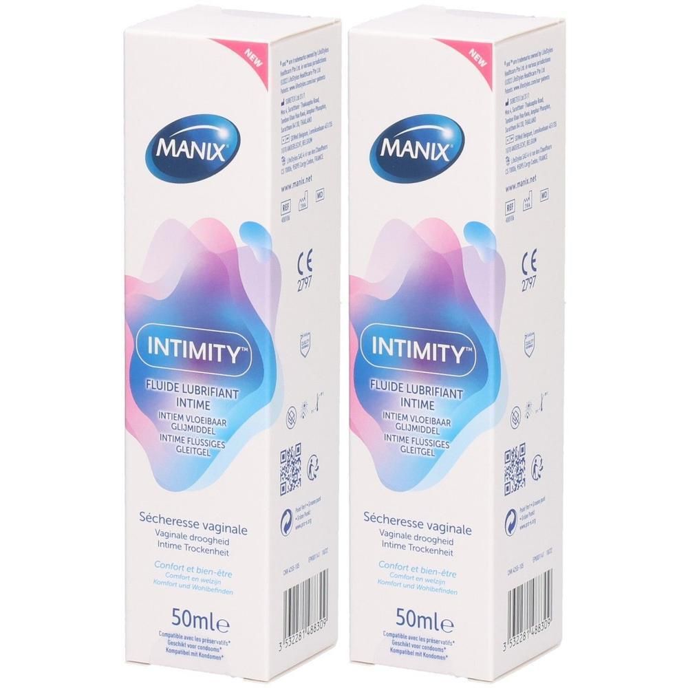 Deux boîtes de produit MANIX INTIMITY. Inscription: Fluide lubrifiant intime. 50ml. Design rose, bleu et blanc.