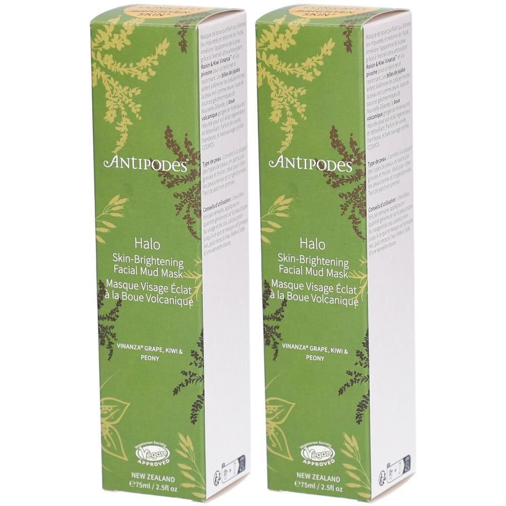Deux boîtes vertes avec texte. ANTIPODES, Halo Skin-Brightening Facial Mud Mask. Ingrédients et certification visibles.