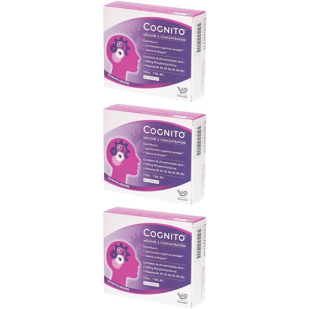 Trois boîtes COGNITO. Inscription : Mémoire & Concentration. Contient phosphatidylsérine et vitamines. Design violet et blanc.