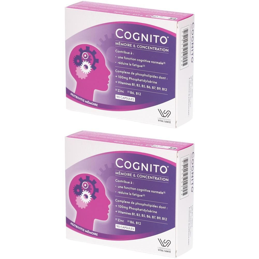 Deux boîtes de "Cognito Mémoire & Concentration". Chaque boîte présente une tête violette avec des engrenages.