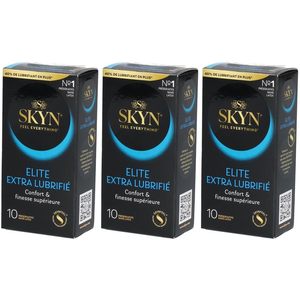 Trois paquets de préservatifs SKYN Elite Extra Lubrifié, 10 par paquet, sans latex.