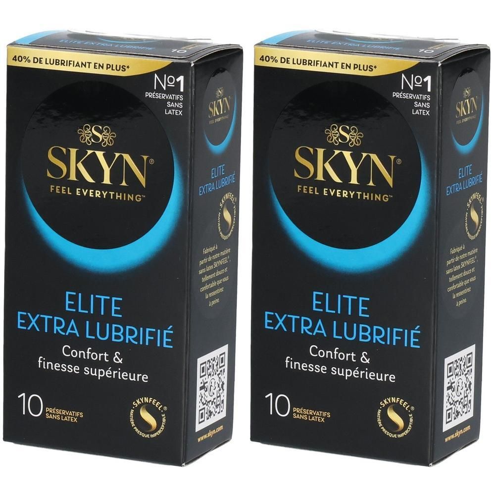 Deux boîtes de préservatifs SKYN Elite Extra Lubrifié, 10 par boîte, sans latex.