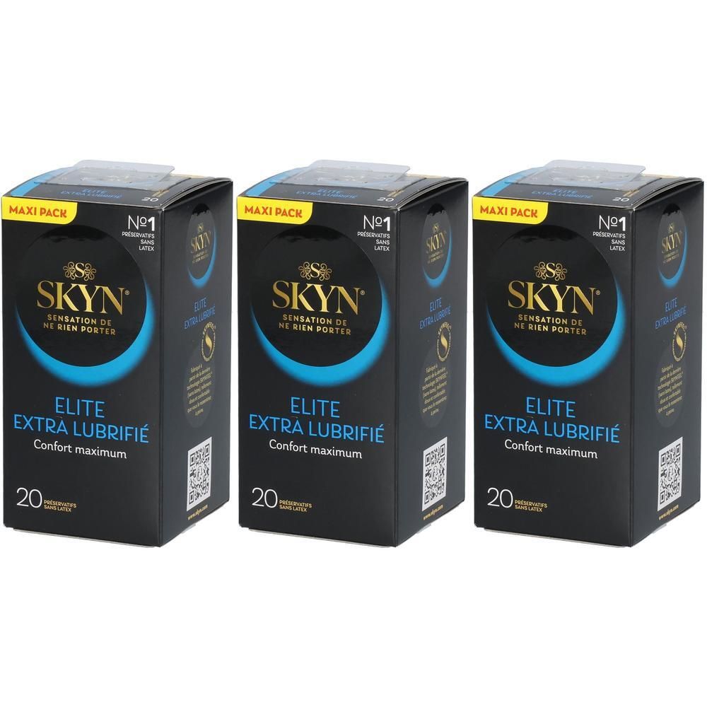 Trois paquets de préservatifs SKYN Elite Extra Lubrifié, Maxi Pack, 20 unités par paquet.