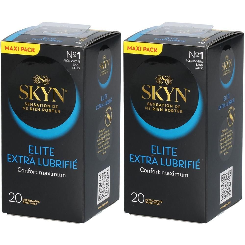 Deux paquets de préservatifs SKYN Elite Extra Lubrifié, Maxi Pack, 20 unités par paquet, sans latex.