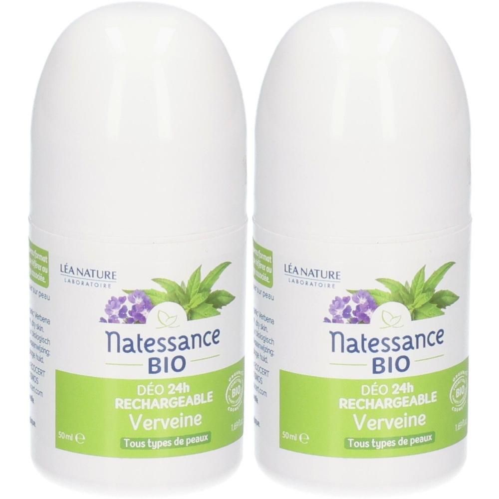 Deux déodorants roll-on blancs. Inscription: Natessance BIO, DÉO 24h RECHARGEABLE Verveine. Avec label bio. Pour tous types de peaux.