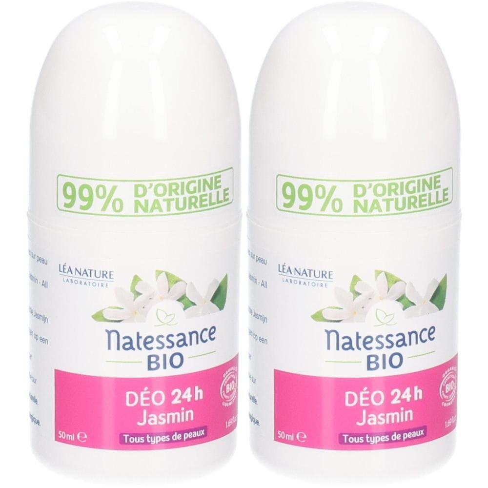 Deux déodorants roll-on blancs. Inscription: Natessance BIO, DÉO 24h Jasmin, 99% d'origine naturelle. Pour tous types de peaux.