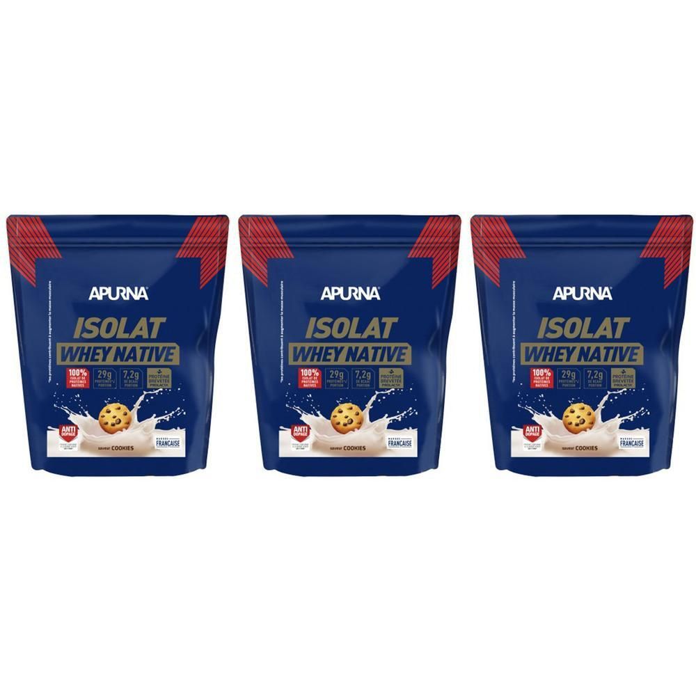 Trois sachets APURNA ISOLAT WHEY NATIVE. Emballage bleu avec coin rouge. Impression : logo, nom du produit, image de cookie.