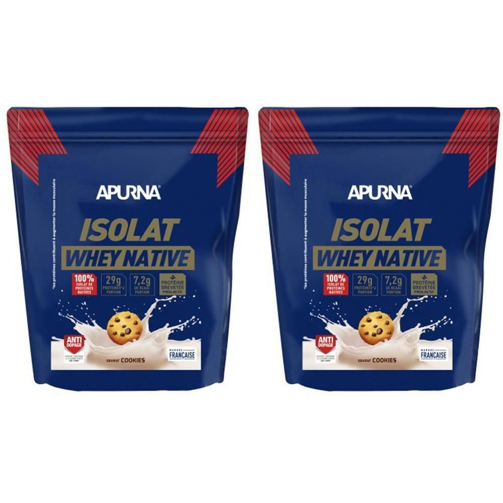 Deux sachets APURNA ISOLAT WHEY NATIVE. Emballage bleu avec détails rouges. Inscriptions : 100%, 29g, 7,2g. Image d'un cookie dans du lait.